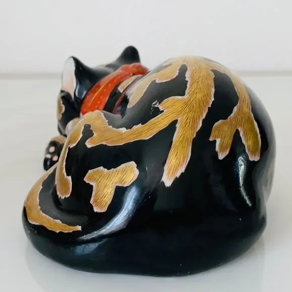 Antique Sleeping Cat Nemuri Neko Kutani Imari Porcelain Cat Japan Gilded